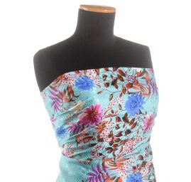 Hedvábný atlas žakár květinový vzor tyrkysový