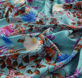 Hedvábný atlas žakár květinový vzor tyrkysový