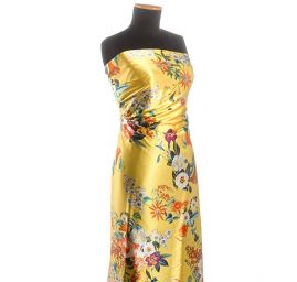 Hedvábný atlas květinový vzor jasně žlutý