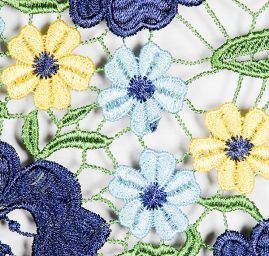 Hrubá krajka plastický květ modrožlutá