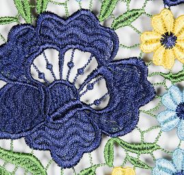 Hrubá krajka plastický květ modrožlutá