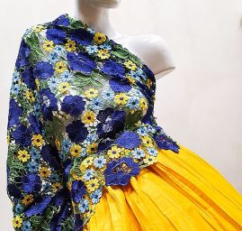 Hrubá krajka plastický květ modrožlutá