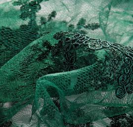 Krajka na vzorovém tylu květy tmavě zelená