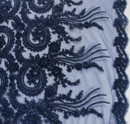 Krajka bordurová na tylu květy/ornament tm.modrá