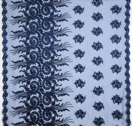 Krajka bordurová na tylu květy/ornament tm.modrá