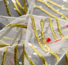 Krajka výšivka na tylu květy šedý tyl