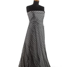 Tyl šatový sametový flock velký puntík černý