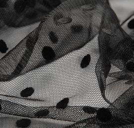 Tyl šatový sametový flock velký puntík černý