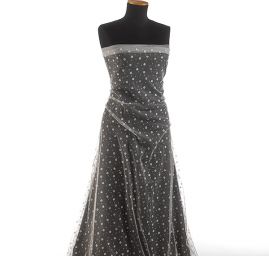 Tyl šatový sametový flock puntík/květy slon. kost