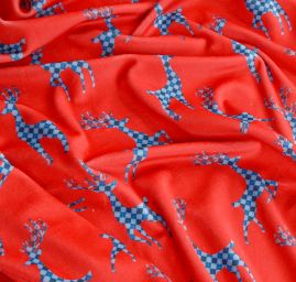 Samet pružný velur tisk jelínci červená/modrá