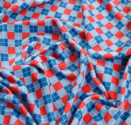 Samet pružný velur tisk káro/kostka červená/modrá