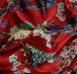 Hedvábná látka vzor orchidea/maceška vínová