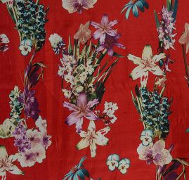Hedvábná látka vzor orchidea/maceška vínová