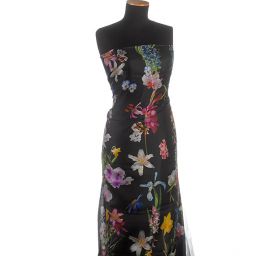 Hedvábná látka vzor orchidea/maceška černá