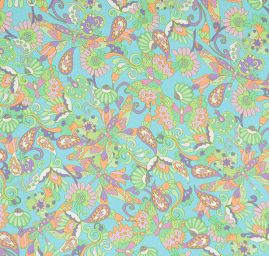 Satén nepružný tisk motiv motýlci a vážky sv. modrý