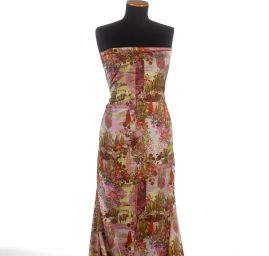 Satén nepružný tisk motiv krajiny zelený