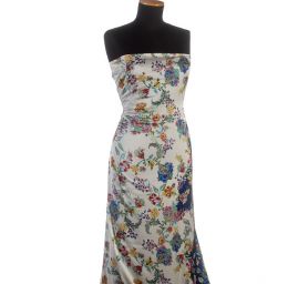 Satén nepružný tisk motiv květin tm. modrý/smetanový