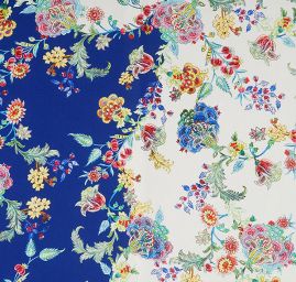 Satén nepružný tisk motiv květin tm. modrý/smetanový