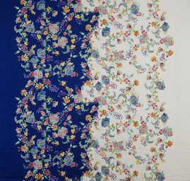 Satén nepružný tisk motiv květin tm. modrý/smetanový