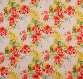 Satén nepružný tisk malované květy červené