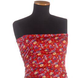 Satén nepružný tisk motiv drobných květin červený