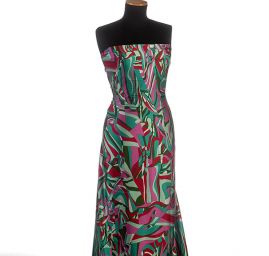 Satén nepružný tisk abstraktní motiv zelený/růžový