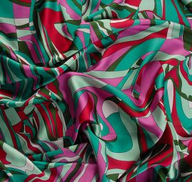 Satén nepružný tisk abstraktní motiv zelený/růžový