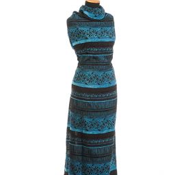 Krešovaný taft  žakárový vzor modrá/tm.hnědá