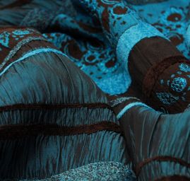 Krešovaný taft  žakárový vzor modrá/tm.hnědá