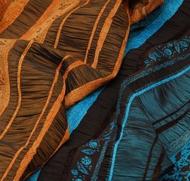 Krešovaný taft  žakárový vzor modrá/tm.hnědá