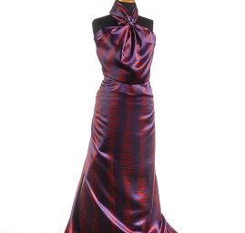 Satén nepružný geometrický motiv fialový/oranžový