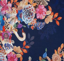 Mikado tkanina tisk květy/labutě na modrém
