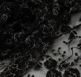 Krajka vyšívka tylu, korálky a flitry černostříbrná