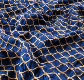 Hedvábný šantung výšivka vlnek modrozlatý