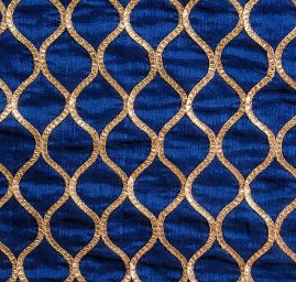 Hedvábný šantung výšivka vlnek modrozlatý