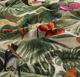 Dekorační látka se vzorem tropických květů a tukana