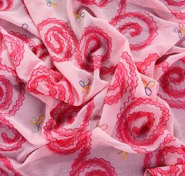 Krep šifon výšivka velká spirála růžová II.jakost