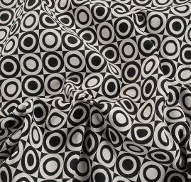 Dekorační látka retro vzor čtverce a kruhy černé/bílé