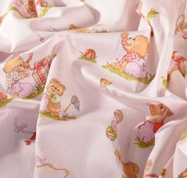 Bavlněná látka tisk medvídci/proužek růžový