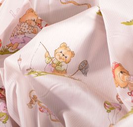 Bavlněná látka tisk medvídci/proužek růžový