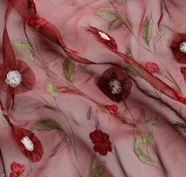 Organza květinová bordurová výšivka vínová