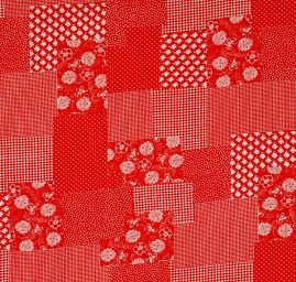 Viskozová šatová látka vzor patchwork červená bílá