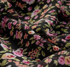Jemný pružný šifon motiv květů černý