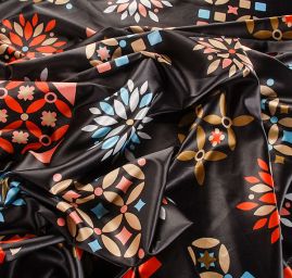 Satén tisk imitace hedvábí květinové ornamenty