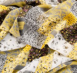 Jemný pružný šifon motiv patchwork žlutá