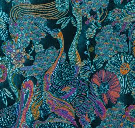 Žakárová dekorační látka Art deco Volavky tyrkysová