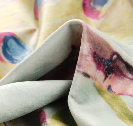 Sametová dekorační látka tisk pávi zelenkavá