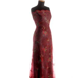 Krajka výšivka na organze korálky/rokajl vínová