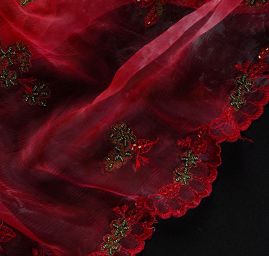 Krajka výšivka na organze korálky/rokajl vínová