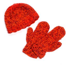 Pletaná čepice a rukavice oranžovočervený melír